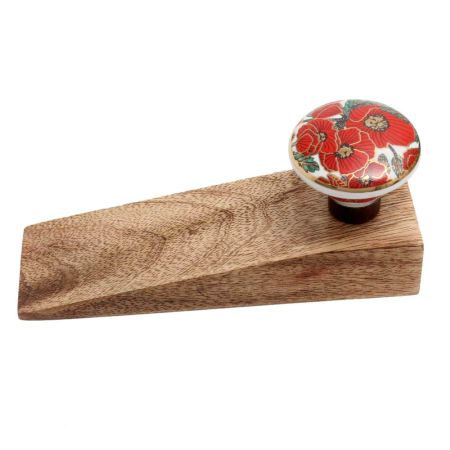 Red Poppy Flower Golden Ceramic Wooden Door Stopper